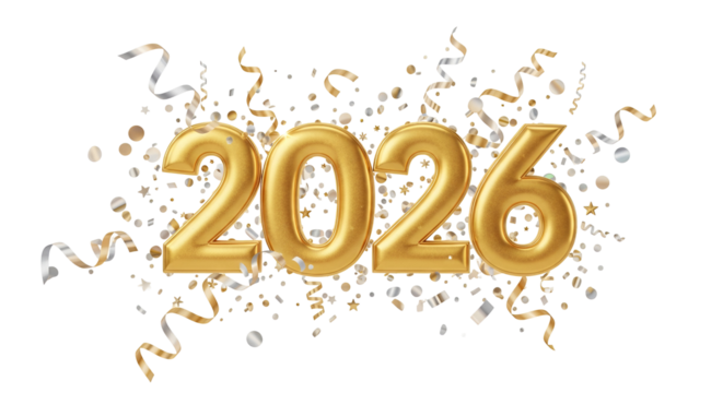 Festive 2026 New Year Celebration Golden Balloons with Shiny Confetti Streamers Sparkle Holiday Joy Future Dates Greetings Wishes Celebration