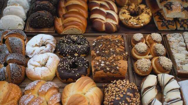 A table full of different types of donuts and pastries. Some of the donuts are chocolate and some are plain
