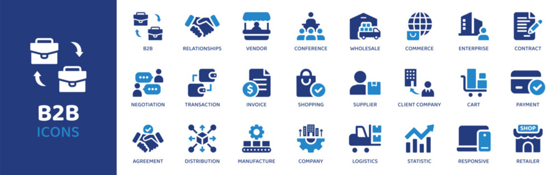 B2B - Icon Collection. Thin Line Set contains such Icons as business, partner, deal, contract, agreement, collaboration, network, corporate, client, vendor, supplier and more. Simple web icons set.
