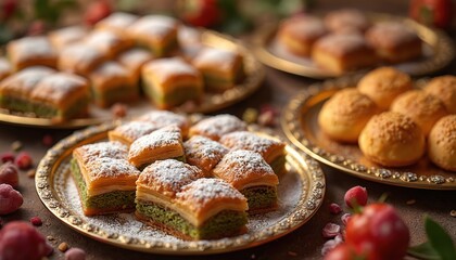 Sweet pastries like baklava, maamoul arranged on ornate gold platters. Oriental desserts dusted with powdered sugar, offering tempting, rich, decadent treat for occasion, perfect for sharing gifting.