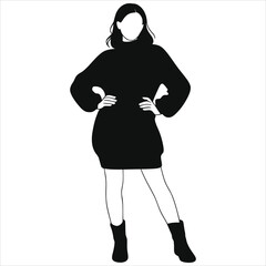 Cozy winter oversized sweater dress vector illustration with long sleeves, knitwear silhouette of a woman in boots, minimalist black cutout for seasonal fashion apparel mockup and winter outfit design