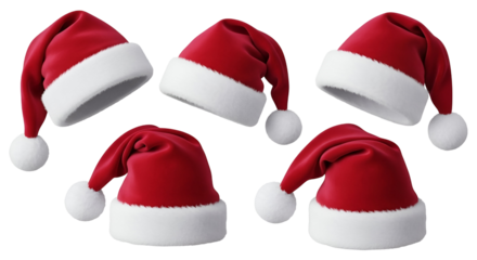 Festive Array of Santa Hats Symbolic of Christmas Cheer Holiday Season Celebrations and Festive Greetings Red and White Colors Winter Holiday Spirit and Gift Giving Season Merriment Party Costume
