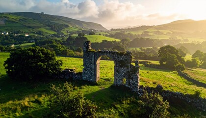An ancient stone archway ruin sits on a vibrant green hillside, bathed in the warm glow of a sunrise, with rolling hills and scattered trees in the distance.