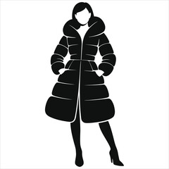 Black Silhouette Vector Icon of a Women's Puffer Winter Dress or Long Quilted Coat. Modern insulated fashion apparel outline for cold weather clothing design.