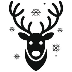 Winter Reindeer Head Vector Icon with Antlers and Falling Snowflakes - Black Silhouette Illustration for Christmas Holiday Design, Seasonal Greeting Cards, Festive Decor, Arctic Wildlife Symbol
