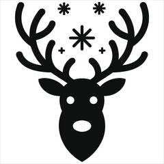 Festive Reindeer Head Vector Illustration with Antlers and Snowflakes - Winter Holiday Icon for Christmas Designs, Silhouette Deer Logo, Seasonal Graphic Element