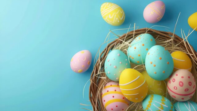 A basket of painted eggs with a blue background. The eggs are in different colors and sizes. The basket is on a table
