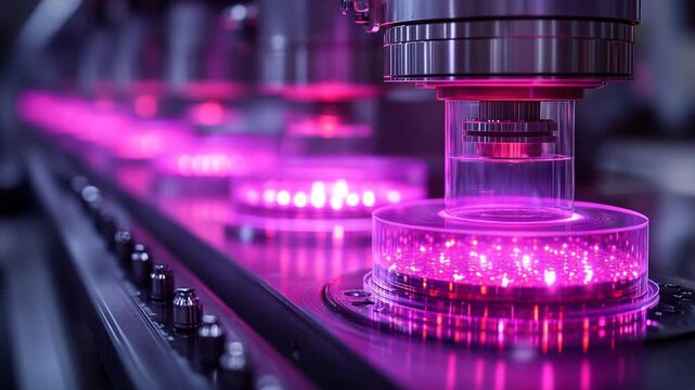 High-tech machinery processing glowing samples in lab