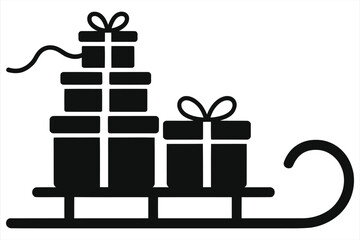 Christmas sleigh with gifts silhouette vector icon. Santa Claus sled delivering presents. Winter holiday decoration and shopping symbol. Black isolated sledge illustration on white background