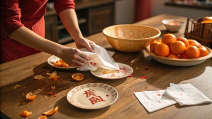 Hands Cleaning Kitchen Table After Eating Oranges