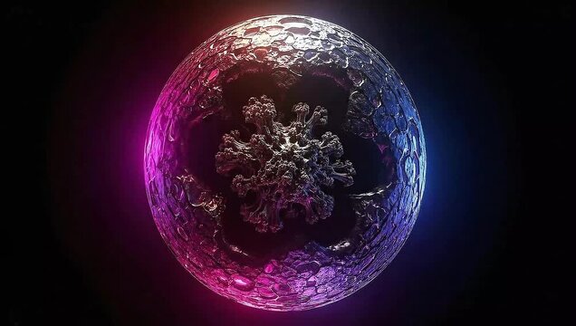 Animated abstract 3D alien egg or orb, morphing with a complex metallic fractal texture, glowing pink and blue. Seamless loop.