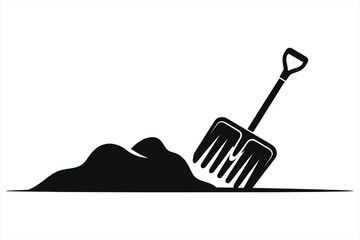 Winter snow removal concept with shovel in a snow pile. Minimalist vector illustration icon for cleaning snow. Black silhouette graphic of a winter chore tool stuck in a drift on white background.