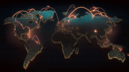 Global trade network with light pulses connecting manufacturers, wholesalers, e-commerce, and retailers