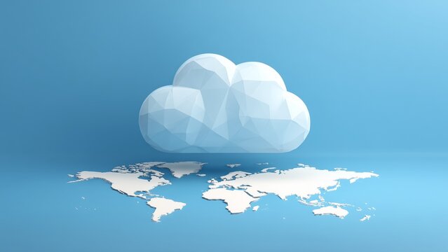 Bold Cloud Computing Icon Hovering Above Simplified World Map: Global Data Storage and Network Integration.