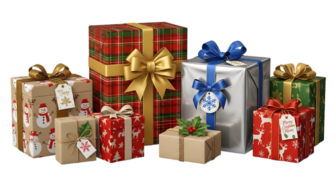 Festive Gift Boxes Collection Wrapped in Holiday Cheer with Elegant Ribbons and Decorative Tags, Ready for Christmas Celebrations and Seasonal Gifting Occasions, Delightful Presents Stacked