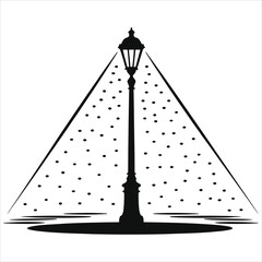 Winter Night Streetlight Scene – Snowy Vector Illustration with Falling Snowflakes, Cold Urban Atmosphere, Holiday Mood, Minimalist Black & White Design for Christmas, New Year, Seasonal Backgrounds, 