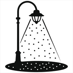 Streetlight silhouette with falling snow vector illustration. Black and white vintage lamp post in winter night scene. Minimalist lantern shining light beam isolated on white background design.