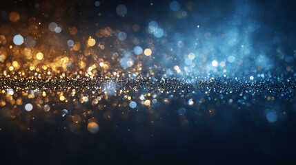 Enchanted glow: a harmony of blue, gold, and black sparkles. Rule thirds. Glittering radiance: de-focused echoes of blue and golden light. Clean layout. Modern style.