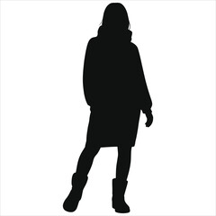 Winter fashion silhouette of woman in cozy sweater dress and boots, stylish cold weather outfit vector illustration, female figure in fashionable winter clothing isolated on white background