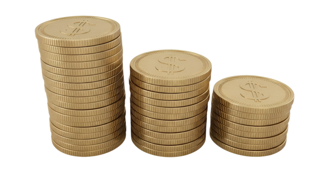 Decreasing stacks of golden dollar coins symbolizing financial loss reduced revenue monetary decline in investments and currency devaluation concept for economics and business