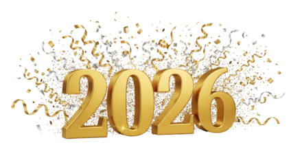 Golden 2026 Numbers with Sparkling Celebration Confetti Streams and Ribbons for Festive New Year Greetings and Anniversary Events Glowing Metallic Characters for Upcoming Year Festivities