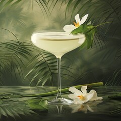Exotic Cocktail in Paradise Featuring White Flower Garnish, Palm Leaves, and Greenery.