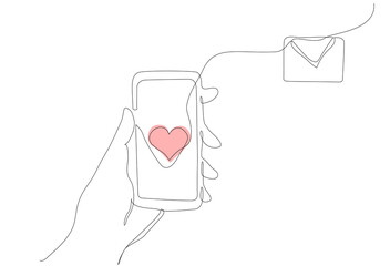 Minimalist continuous one line drawing of a smartphone sending a heart message to an envelope, symbolizing online love, digital communication, and emotional connection. Vector Editable stroke