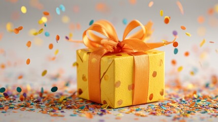 Vibrant yellow gift box with bright orange bow surrounded by colorful festive confetti falling, celebration concept for birthdays, holidays, and special occasions