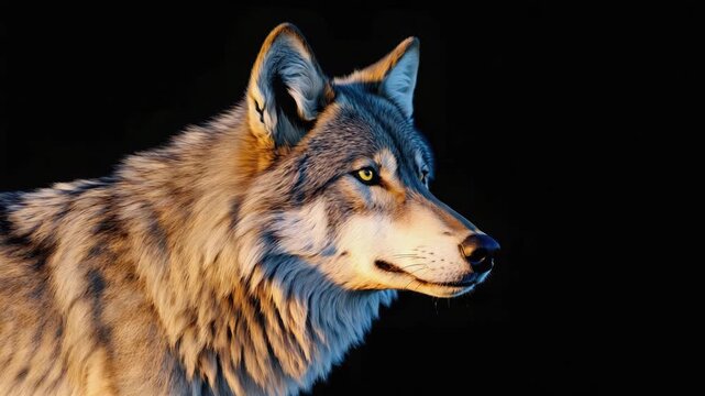A wolf is standing in front of a black background. The wolf has a brown and black coat