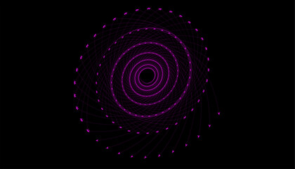 Hypnotic abstract spiral vortex design in glowing purple-pink on a deep black background.