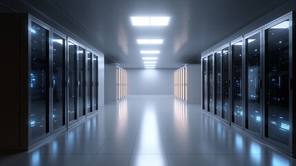 Fototapeta premium High-tech server room with glowing cabinets and modern lighting at night