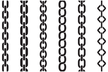 Obraz premium Chain link icon for connections or hyperlinks. Silhouette chains. Different weaving black seamless borders, decorative jewelry for pendants, recurring metal segments, Elegant precious black necklaces 