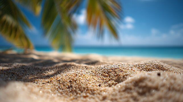 Sandy beach with palm fronds and ocean water - Powered by Adobe