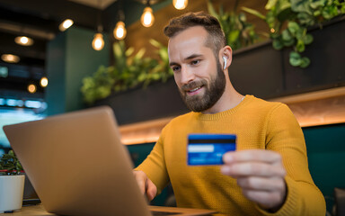 Bearded man in yellow sweater holding credit card and using laptop in a cafe