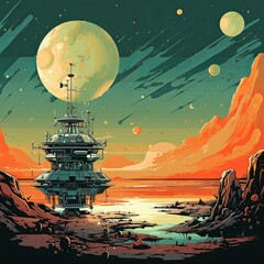 Extraterrestrial Landscape with Futuristic Structure and Celestial Bodies, a Distant World