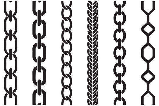 Chain vector set. Chain brushes seamless pattern. Chains thread, jewelry black silhouette. Technical structure, machine or cable elements decent. Vector illustration. Various chain link designs black 