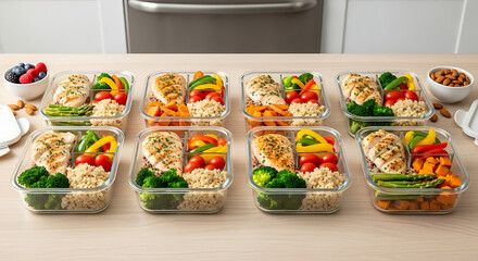Eight healthy meal prep containers with chicken, rice, and vegetables arranged neatly on a kitchen counter, ready for weekly meals.