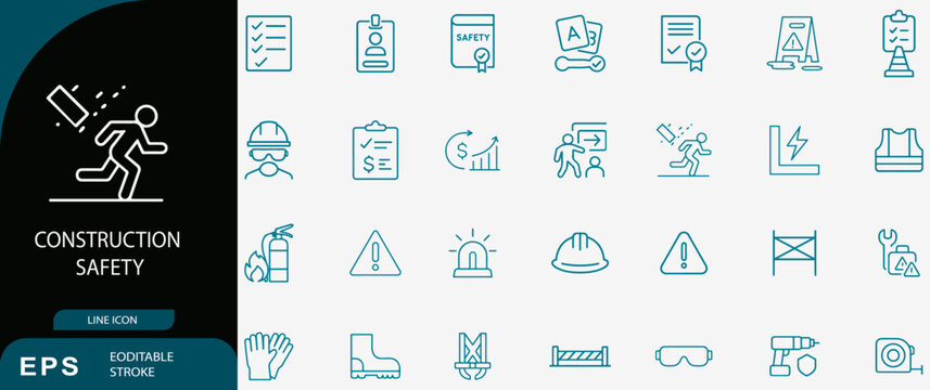 Construction safety workplace warning line icons set, danger vector - Powered by Adobe