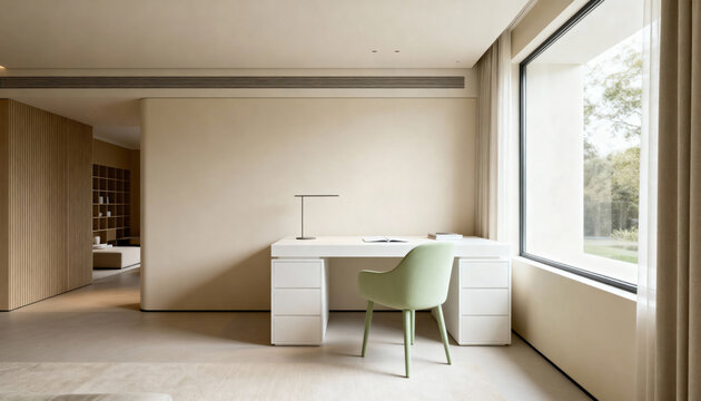 Minimalist home office interior with a modern white desk and green chair. Contemporary workspace with natural light and copy space on a beige wall