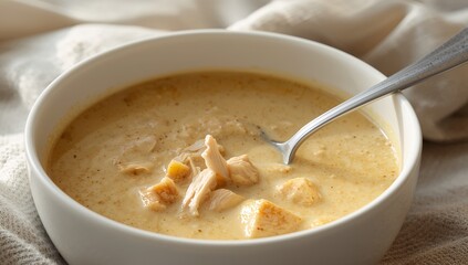 Creamy Mixture in White Bowl, with Silver Spoon, Light Beige Tones and Smooth Textures.