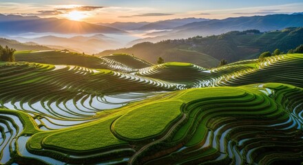 Breathtaking morning view of Longji Rice Terraces offering mesmerizing landscapes and agricultural