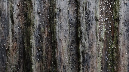 Obraz premium Flat lay of vertical tree trunk covered in soft morning mist, dewy surface with tiny water droplets