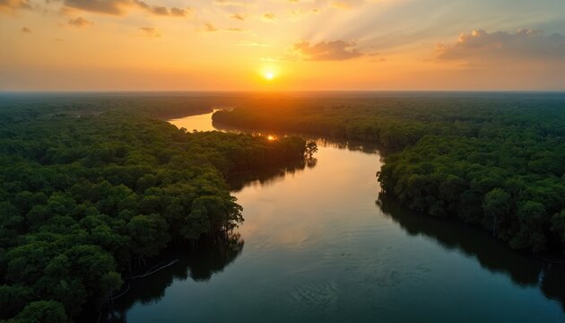 Aerial view of tropical river delta at sunset. Sunlight reflects in calm waters of river. Green forest and trees surround the watercourse at beautiful golden hour. Scenery of nature reserve.