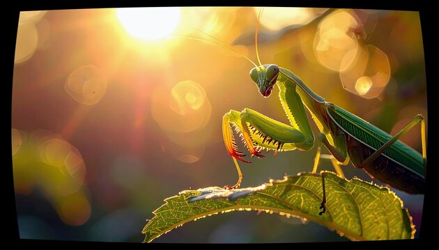 A green praying mantis is captured in a close-up shot, perched on a textured green leaf, illuminated by the warm glow of sunset.