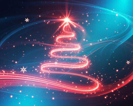 Abstract glowing Christmas tree with red and blue lights
