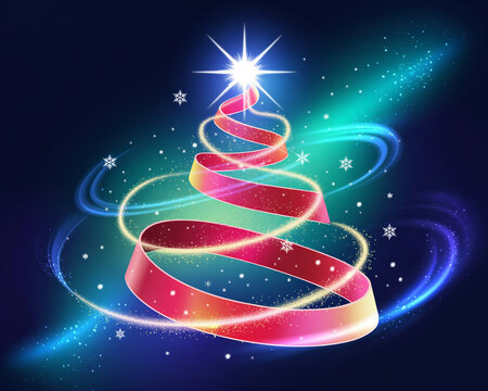 Stylized christmas tree formed by a red ribbon with glowing effects and snowflakes