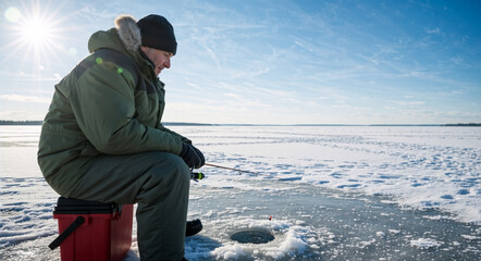 Man ice fishing on a frozen lake on a sunny winter day. Fisherman sitting with a rod by a hole in the ice. Outdoor winter recreation and hobby. Copy space for text