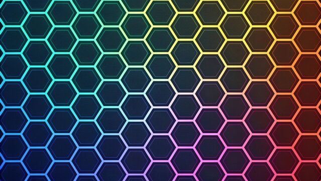 Neon gradient honeycomb pattern showcases vibrant colors and modern design elements across a sleek surface