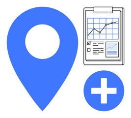 Large blue location pin, clipboard with charts and data, and a plus symbol. Ideal for data analysis, location services, progress tracking, business growth, healthcare, planning and simple flat