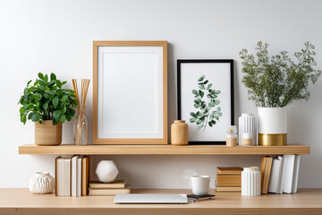 Modern shelf decor with plants, vases, and picture frames in neutral colors  